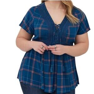 Torrid Blue Plaid Crinkle Front Lace Up Vneck Corset top Sz M/L 10 US Castlecore